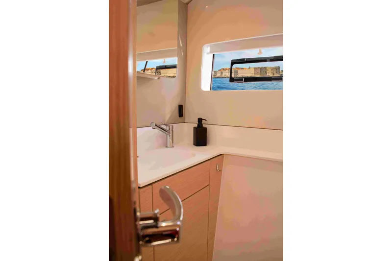 Double Memory Yacht Photos Pics Modern bathroom interior on 2023 Nautitech 44 Open yacht with ocean view.