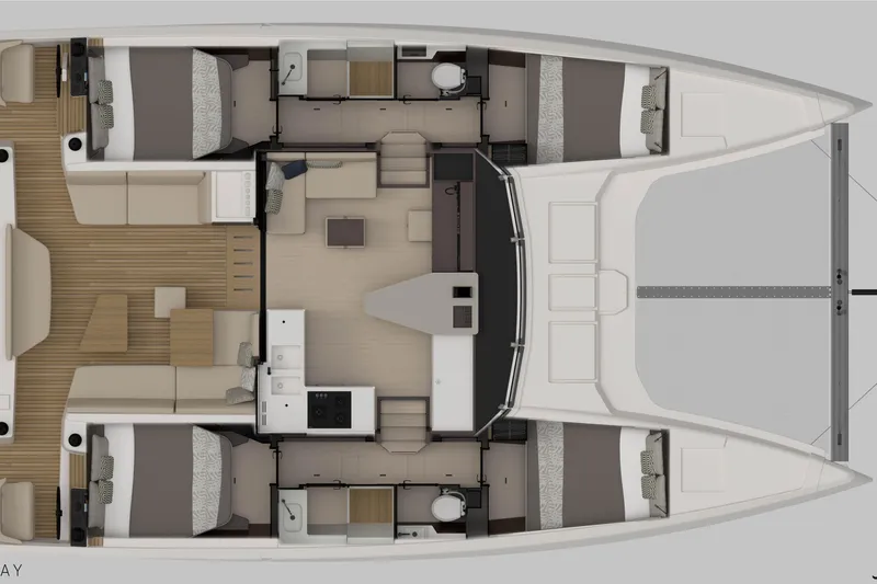 Double Memory Yacht Photos Pics Floor plan of 2023 Nautitech 44 Open catamaran, featuring spacious cabins and modern amenities.