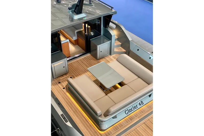  Yacht Photos Pics Luxurious Glacier 48 yacht interior, featuring elegant seating and modern design, 2026 model.