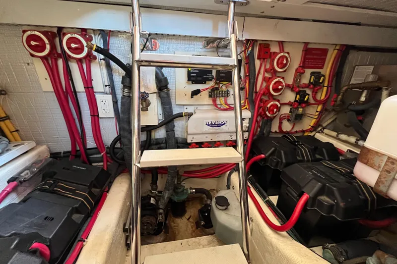 Sachem Yacht Photos Pics Engine room of 2006 Sabre 36 Flybridge Sedan with wiring and equipment.