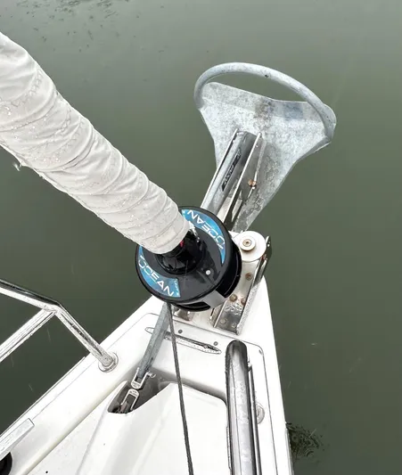 4770jg Yacht Photos Pics Dufour 410 GL 2015 sailboat anchor and winch system on calm water.
