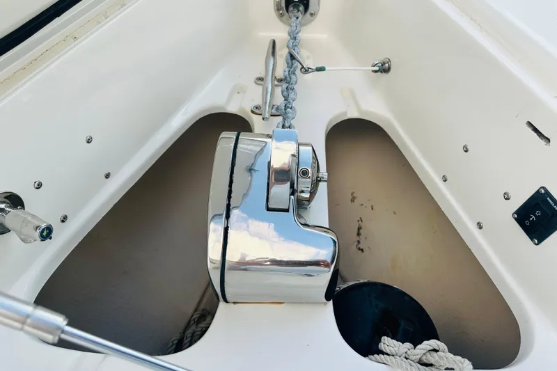  Yacht Photos Pics Anchor winch system on a 2015 Jupiter 38 FS boat deck.