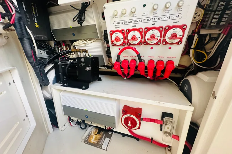  Yacht Photos Pics 2015 Jupiter 38 FS boat battery system with control panel and wiring.