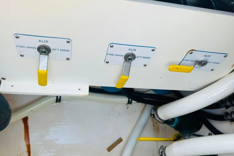  Yacht Photos Pics Control panel of a 2015 Jupiter 38 FS boat with auxiliary switches.
