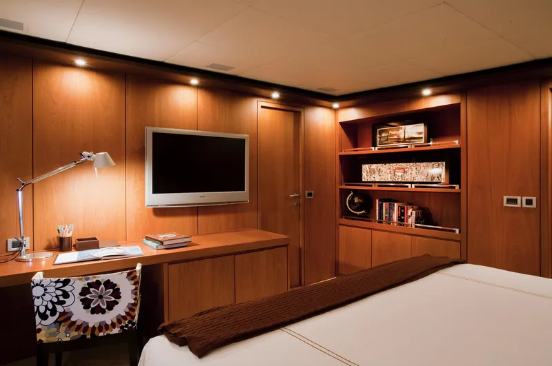 Mare Blu Yacht Photos Pics Luxurious cabin interior of 2008 Pro Boat Yachts Power Cat 80 with modern amenities.