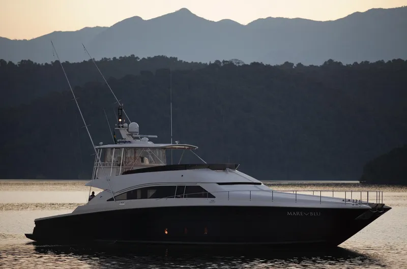 Mare Blu Yacht Photos Pics 2008 Pro Boat Yachts Power Cat 80 on serene water at sunset.