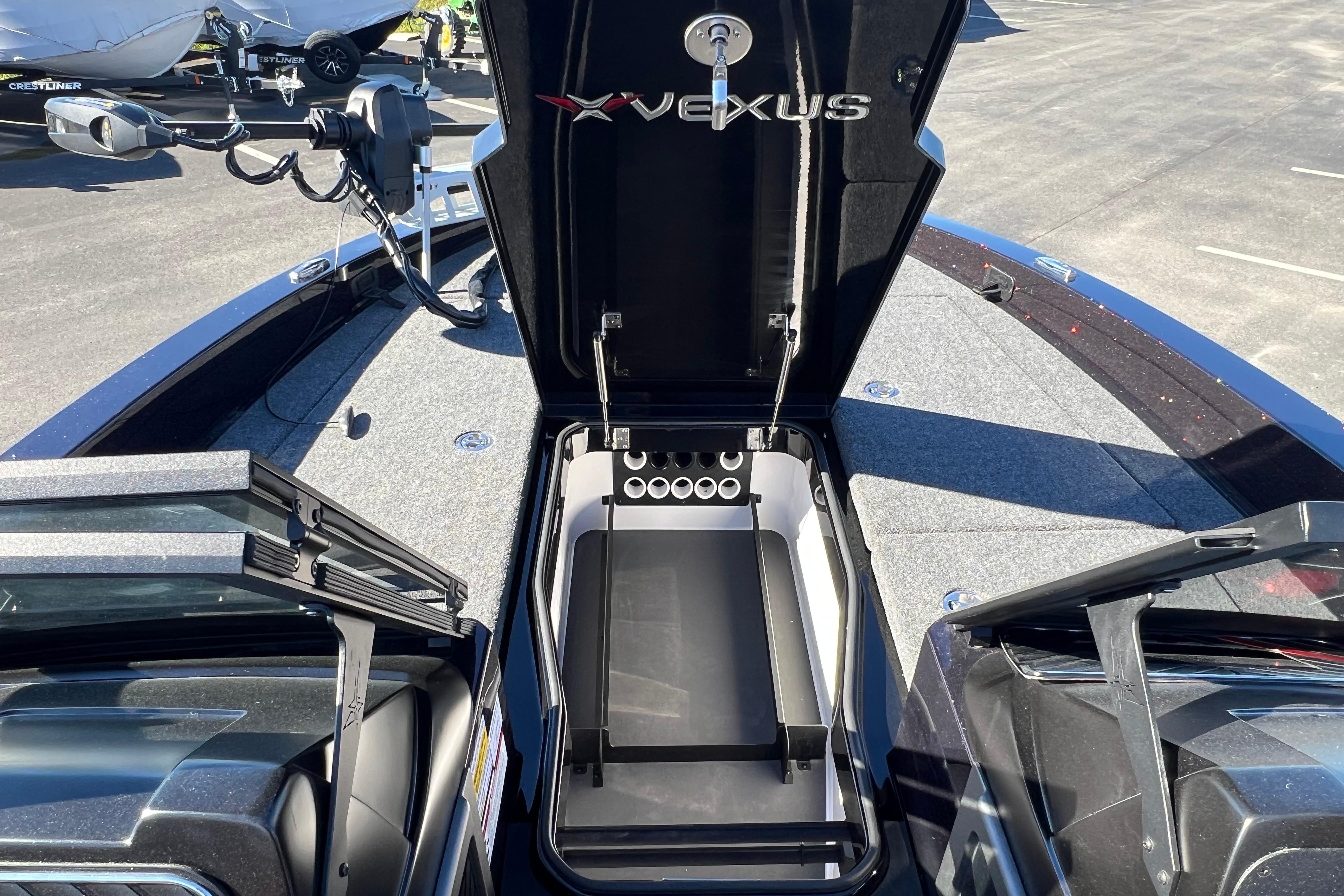 2026 Vexus DVX20S boat interior with open storage compartment and sleek design.