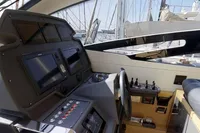 Interior view of 2015 Pershing 70 yacht cockpit with modern navigation equipment.