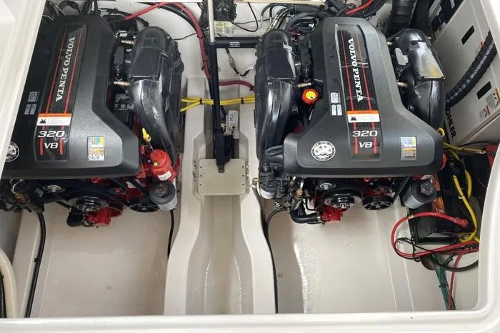  Yacht Photos Pics Engine compartment of 2014 Four Winns V375 with dual Volvo Penta 320 V8 engines.