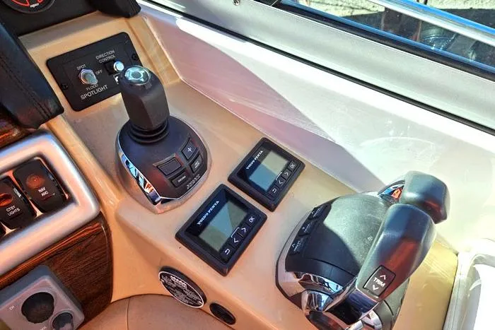  Yacht Photos Pics Control panel of 2014 Four Winns V375 boat with joystick and throttle controls.
