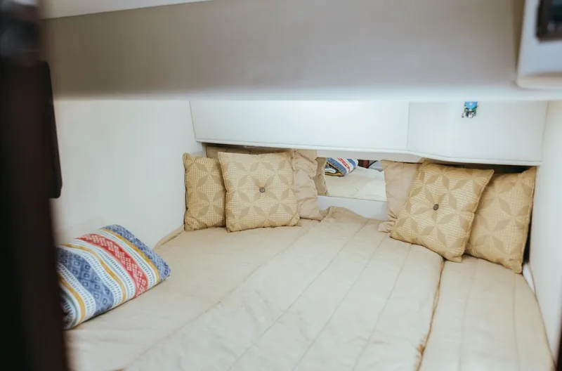  Yacht Photos Pics Cozy cabin interior of 2010 Sea Ray 390 Sedan Bridge with decorative pillows.