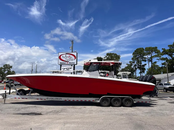 Yacht Photos Pics 2023 Fountain 38 Tournament Edition boat on trailer at Marker 17 Marine dealership.