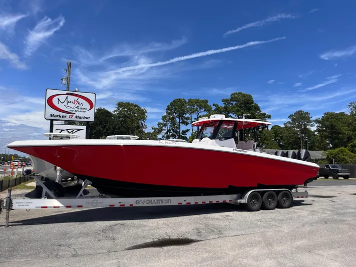  Yacht Photos Pics 2023 Fountain 38 Tournament Edition boat on trailer at Marker 17 Marine dealership.