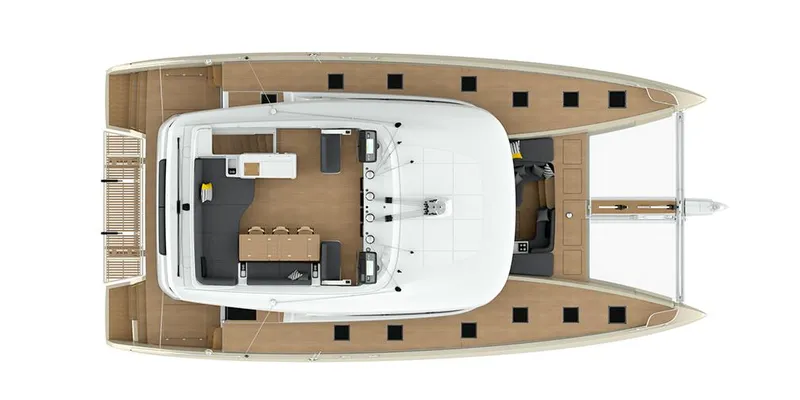 Big Picture Yacht Photos Pics Top view of 2024 Lagoon SIXTY 5 catamaran, showcasing spacious deck layout.