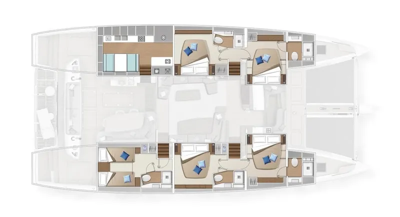Big Picture Yacht Photos Pics Floor plan of 2024 Lagoon SIXTY 5 catamaran, featuring multiple cabins and living areas.