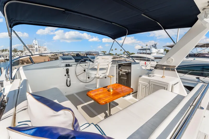 Sugar Yacht Photos Pics 2008 DeFever 52 Euro yacht interior with helm, seating, and table under canopy.