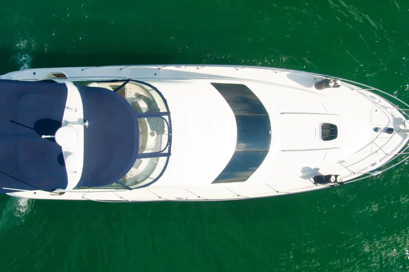  Yacht Photos Pics Aerial view of 2009 Sea Ray 44 Sedan Bridge yacht on green water.