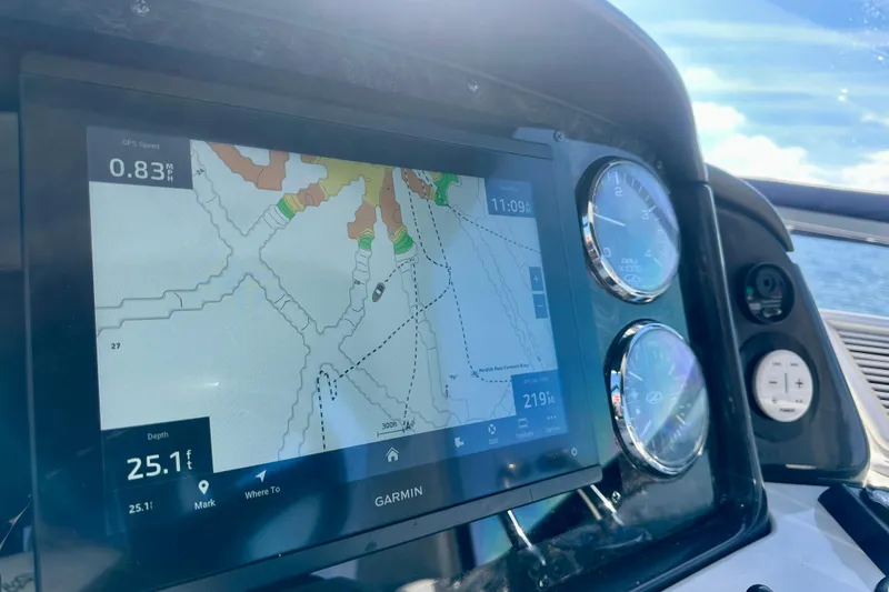  Yacht Photos Pics Garmin navigation display on 2009 Sea Ray 44 Sedan Bridge yacht dashboard.