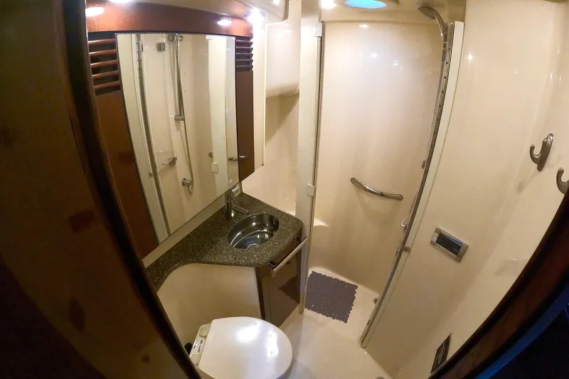  Yacht Photos Pics 2009 Sea Ray 44 Sedan Bridge bathroom with shower, sink, and mirror.
