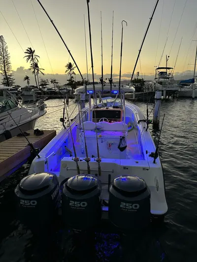  Yacht Photos Pics 2007 Hydra-Sports Vector 3300 CC boat docked at sunset with fishing rods and blue lights.