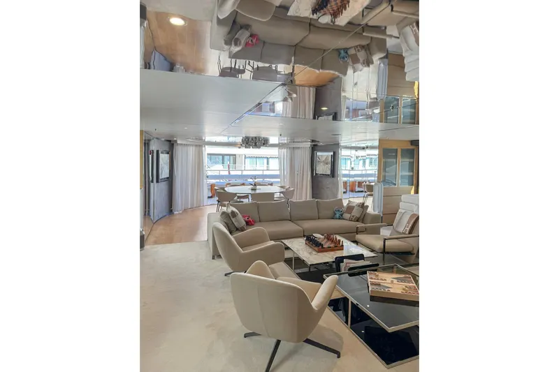  Yacht Photos Pics Luxurious yacht interior with modern seating, chessboard, and elegant decor, Factoria Naval de Marin 40, 2013.