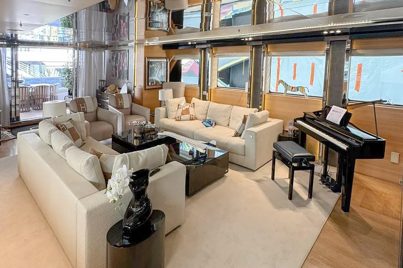  Yacht Photos Pics Luxurious yacht interior with elegant seating, grand piano, and modern decor, Factoria Naval de Marin 40, 2013.