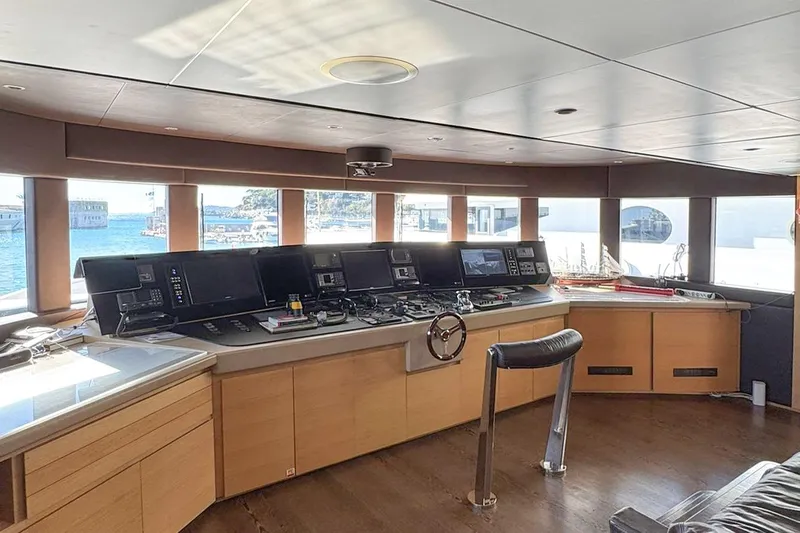  Yacht Photos Pics Luxurious yacht bridge interior with navigation equipment, Factoria Naval de Marin 40, 2013 model.