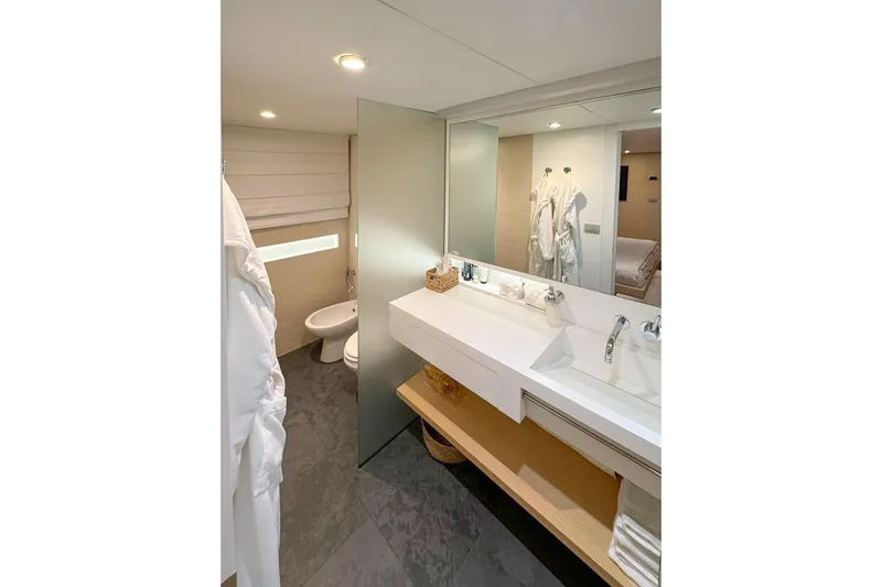  Yacht Photos Pics Luxurious yacht bathroom with modern fixtures, double sink, and elegant decor, Factoria Naval de Marin 40, 2013.