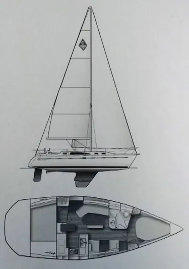 Milky Way Yacht Photos Pics Line drawing of a 2004 Catalina 350 sailboat with interior layout.