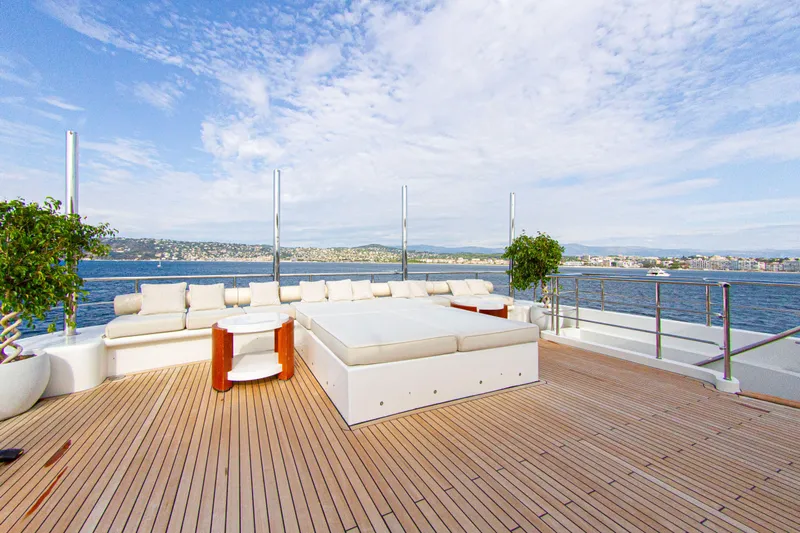  Yacht Photos Pics Luxurious yacht deck with seating, ocean view; Factoria Naval de Marin 40, 2013 model.