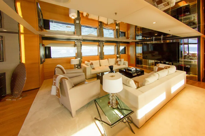  Yacht Photos Pics Luxurious yacht interior with elegant seating, glass tables, and large windows, Factoria Naval de Marin 40, 2013.