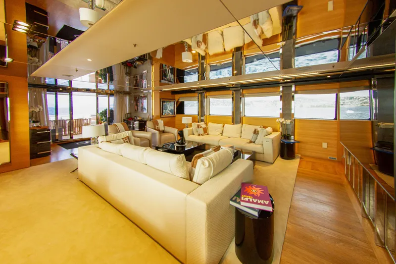  Yacht Photos Pics Luxurious yacht interior with plush seating, wooden accents, and large windows, Factoria Naval de Marin 2013.
