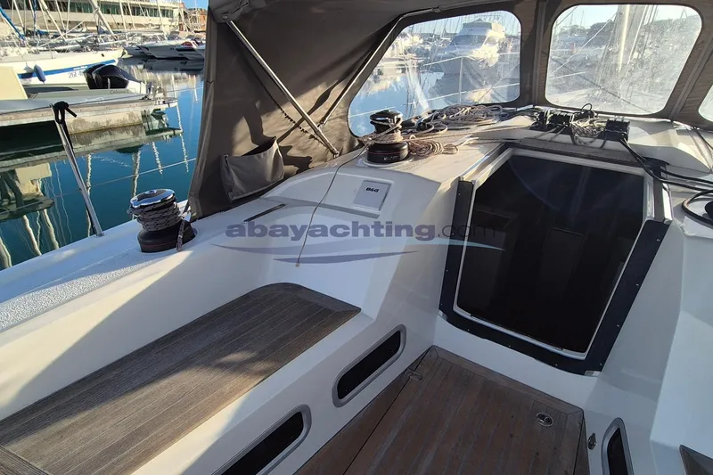  Yacht Photos Pics Italia Yachts Italia 11.98, 2021 model, cockpit view with winches and marina background.