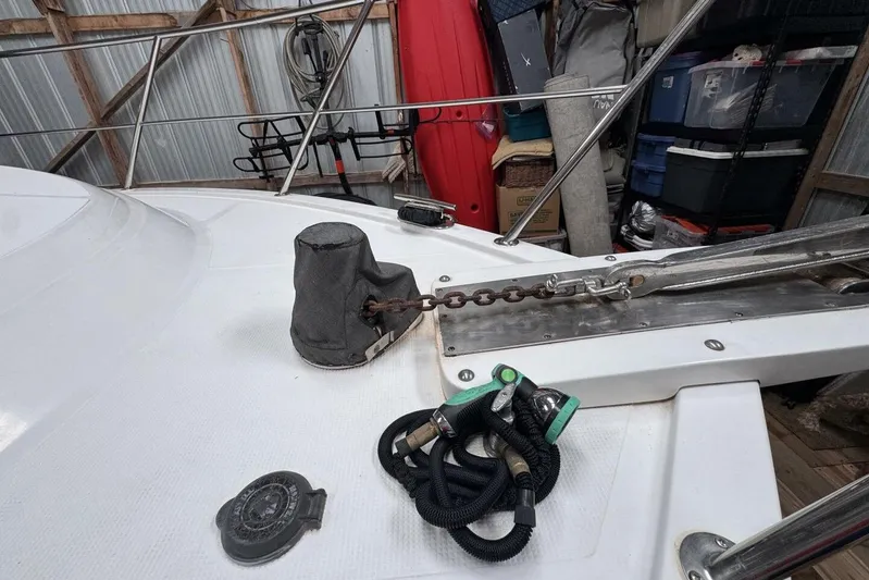  Yacht Photos Pics 1998 Ocean Alexander 420 yacht deck with anchor chain and equipment in storage.