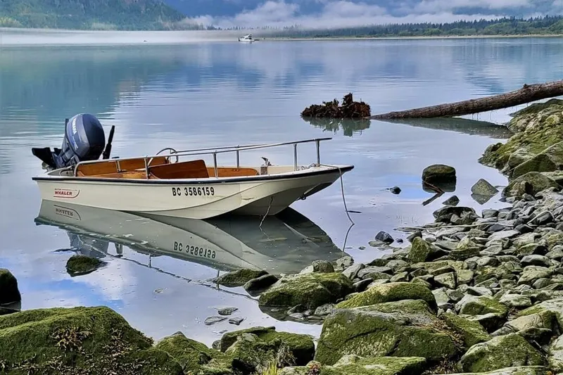  Yacht Photos Pics A small boat anchored on a serene lake with rocky shoreline and misty mountains.