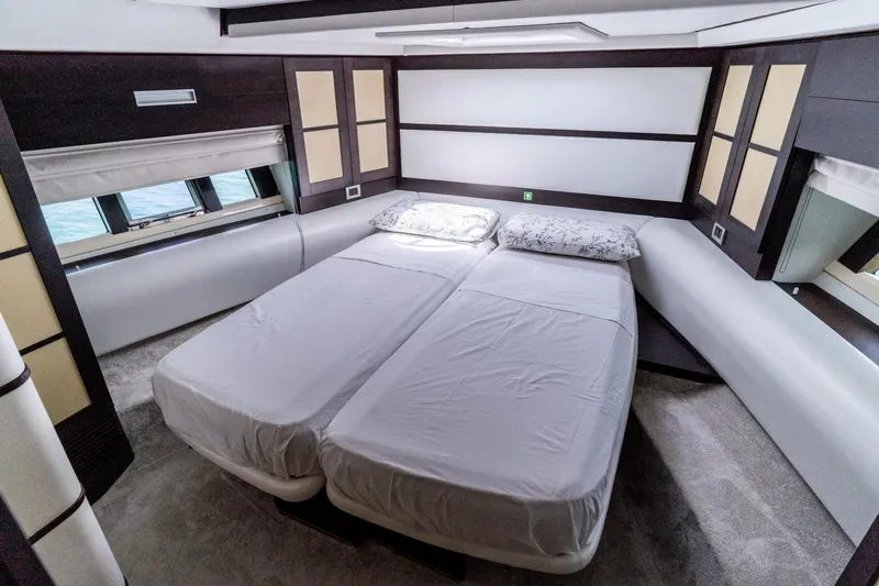 Barba III Yacht Photos Pics Luxurious bedroom interior of 2013 Azimut AZ 62S ITALIA yacht with twin beds.