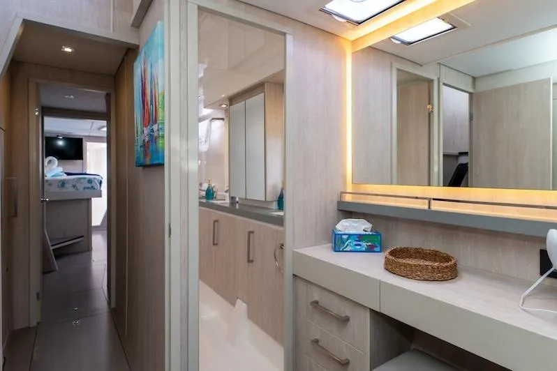 Ruby One Yacht Photos Pics Catamaran Leopard 58 ensuite bathroom and storage