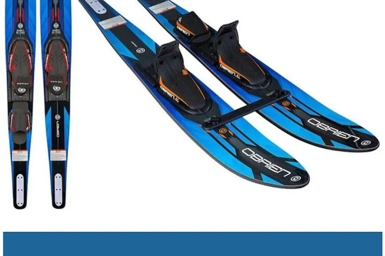 Ruby One Yacht Photos Pics Blue and black O'Brien water skis with adjustable bindings, Leopard 58 model, 2020.