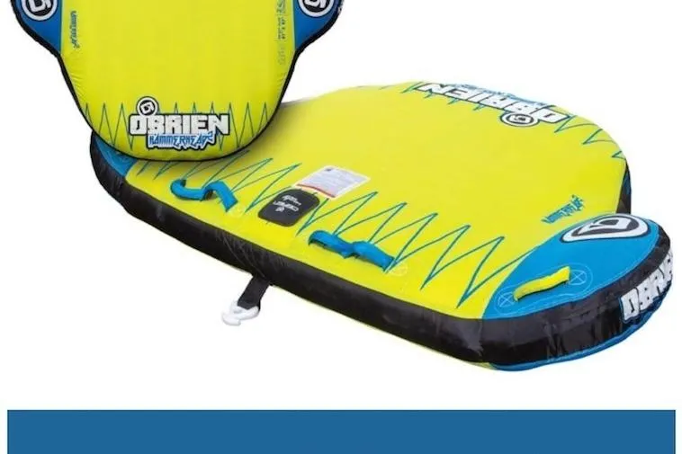 Ruby One Yacht Photos Pics Yellow and blue O'Brien inflatable water tube, Leopard 58 model, 2020 design.