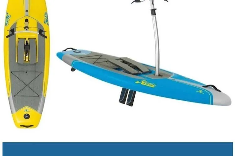 Ruby One Yacht Photos Pics Yellow and blue Leopard 58 paddleboard with pedal system, 2020 model.