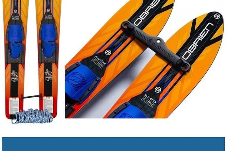 Ruby One Yacht Photos Pics Orange and blue O'Brien water skis with rope, Leopard 58 model, 2020.