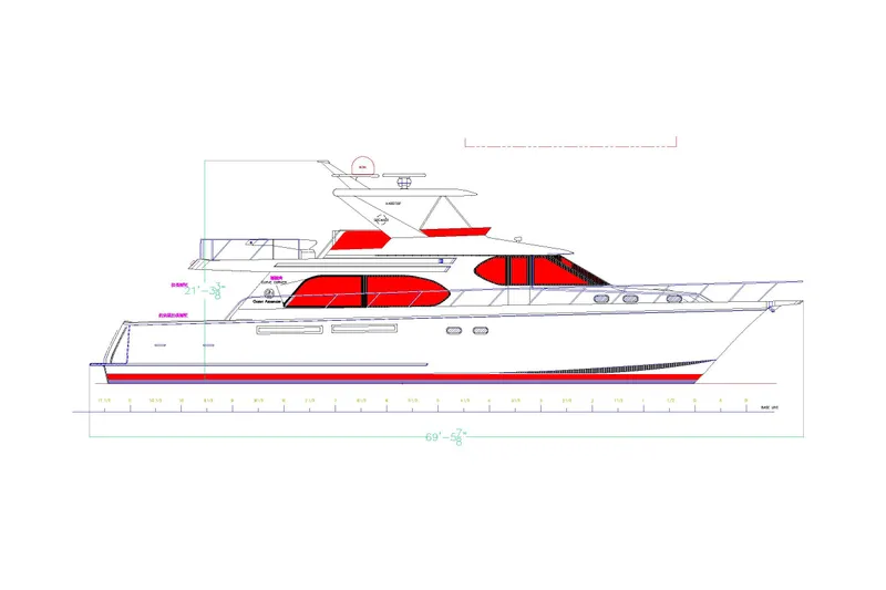 Bluewater Yacht Photos Pics 2005 Ocean Alexander Raised Pilothouse Flybridge Sedan yacht blueprint, side view.