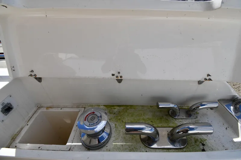 Surfin The Net Yacht Photos Pics 2001 Ferretti Yachts 72 deck equipment with winch and chrome fittings.