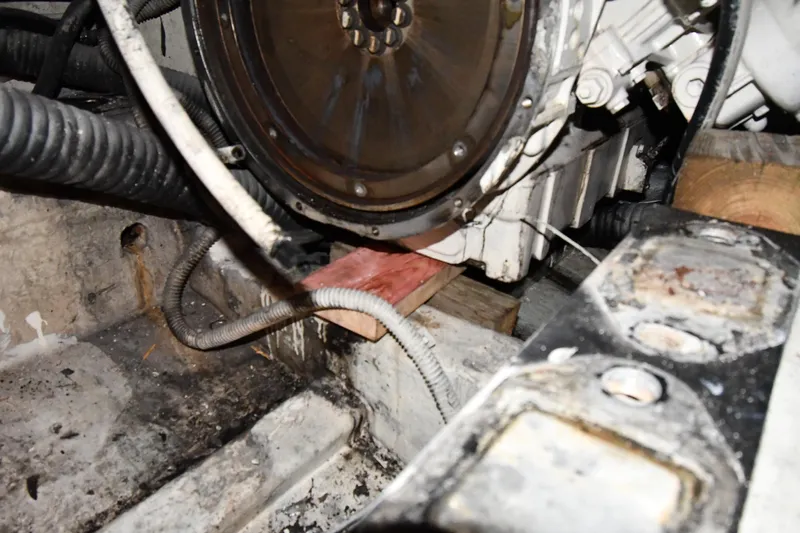 Surfin The Net Yacht Photos Pics Engine compartment of a 2001 Ferretti Yachts 72, showing mechanical components and wiring.