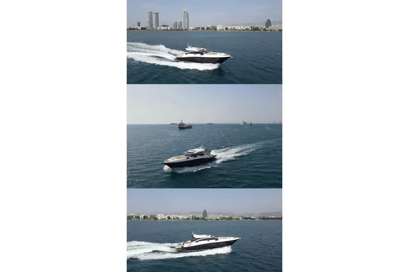 Gio Mare Yacht Photos Pics 2011 Princess V62 yacht cruising near city skyline on open water.