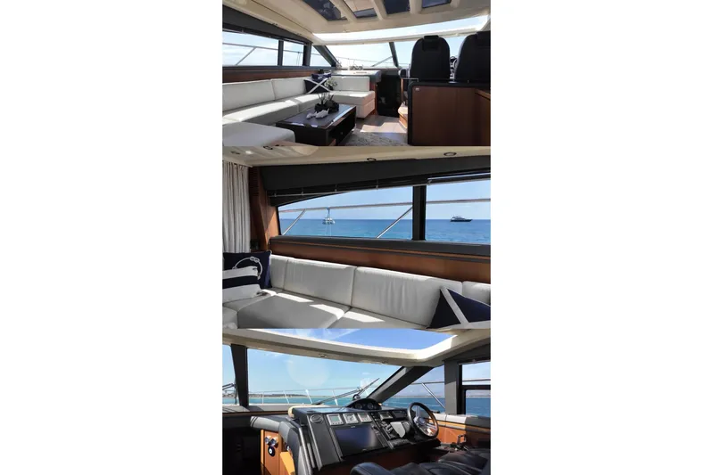 Gio Mare Yacht Photos Pics Luxurious interior of 2011 Princess V62 yacht with ocean views and elegant seating.