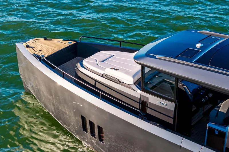  Yacht Photos Pics 2025 XO Boats EXPLR 44 cruising on water, showcasing sleek design and modern features.