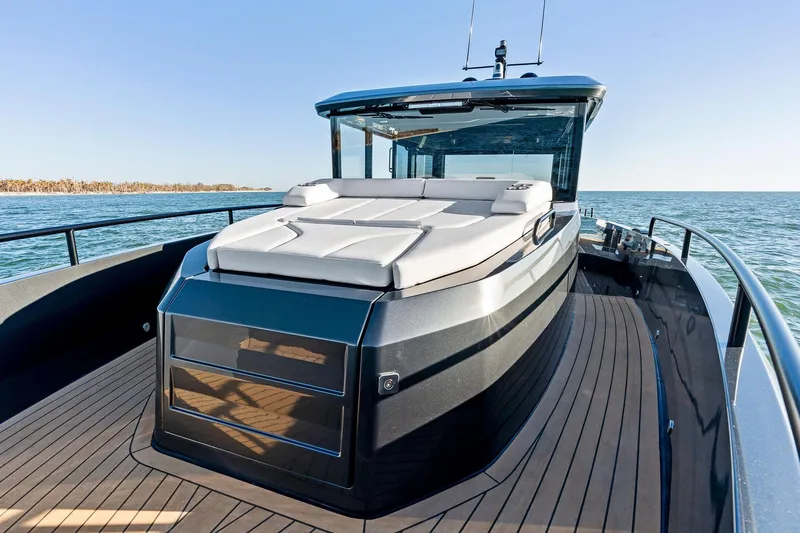  Yacht Photos Pics 2025 XO Boats EXPLR 44 yacht with sleek design and spacious deck on open water.