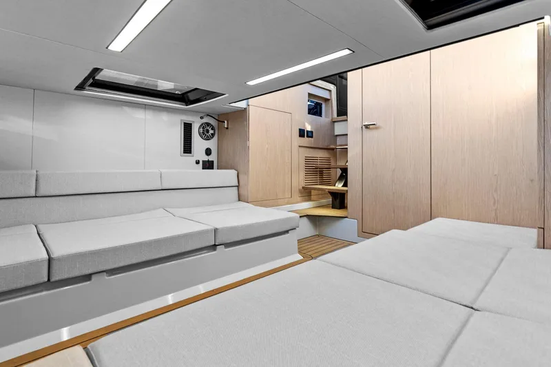  Yacht Photos Pics Modern interior of 2025 XO Boats EXPLR 44, featuring sleek design and comfortable seating.