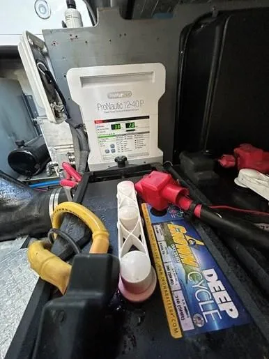  Yacht Photos Pics Battery compartment of a 2001 Sea Ray 410 Express Cruiser with ProNautic charger.